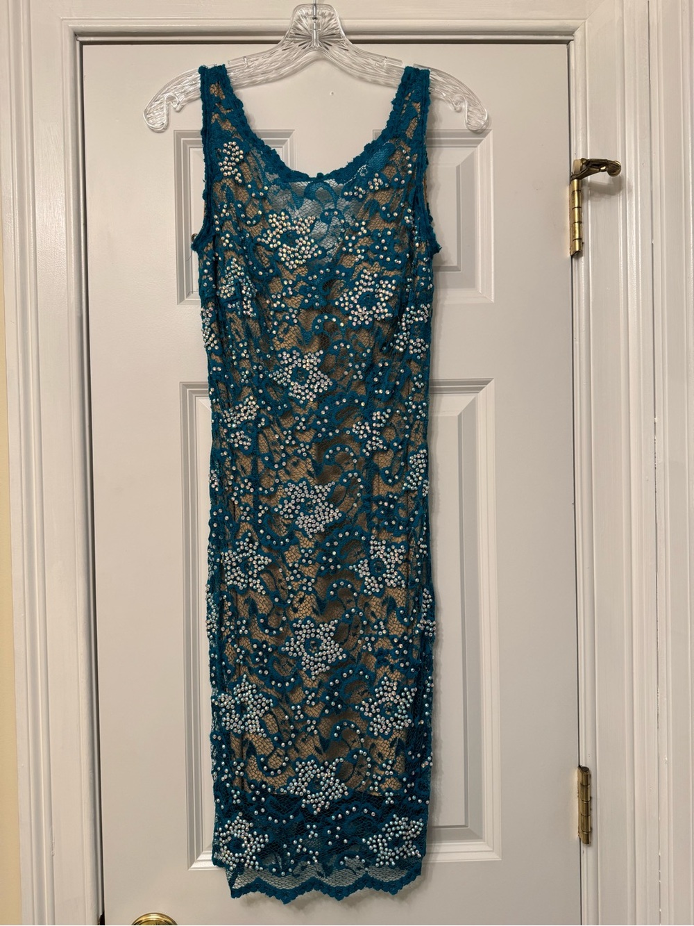 Jovani Teal Lace Beaded Sheath Mini Dress